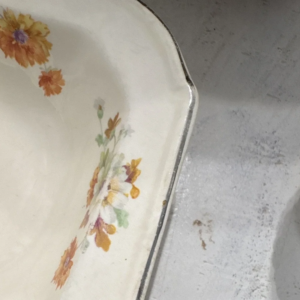 T & S Floral Octagonal Ceramic Serving Bowl, Cream Orange Purple Green Glossy